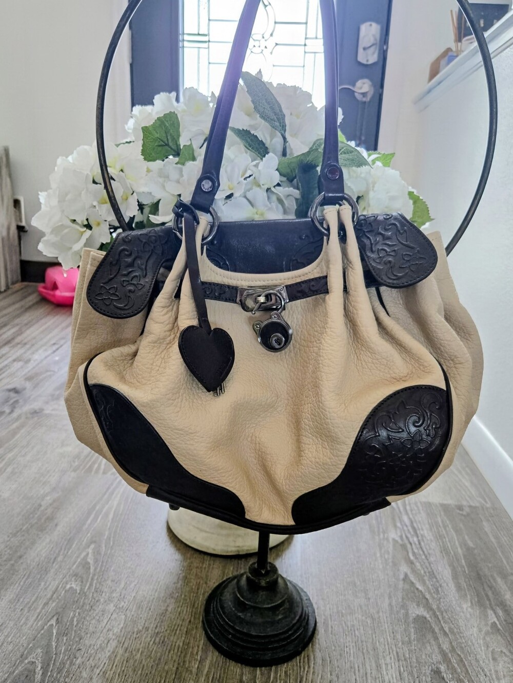 MOSCHINO Gorgeous Cream and Dark Brown Leather Locking Key Satchel